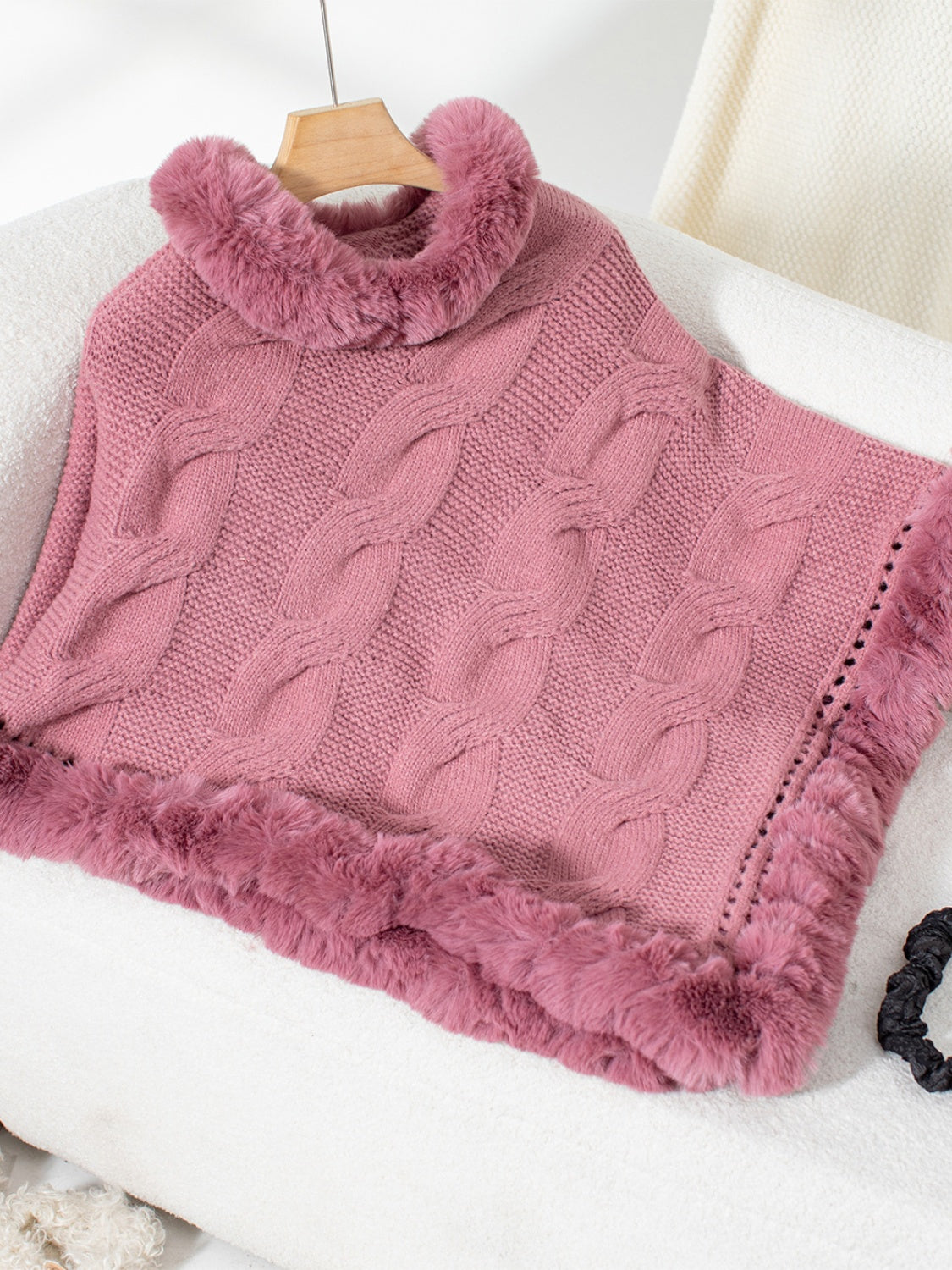 Fuzzy Hem Cable-Knit Poncho Dusty Pink One Size