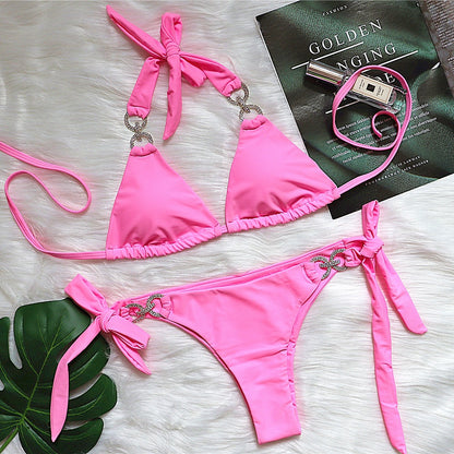 Bikini Bright Crystal Bikini Solid Color Lace-up Swimsuit High-End Sexy Women Bandage Swimsuit Pink
