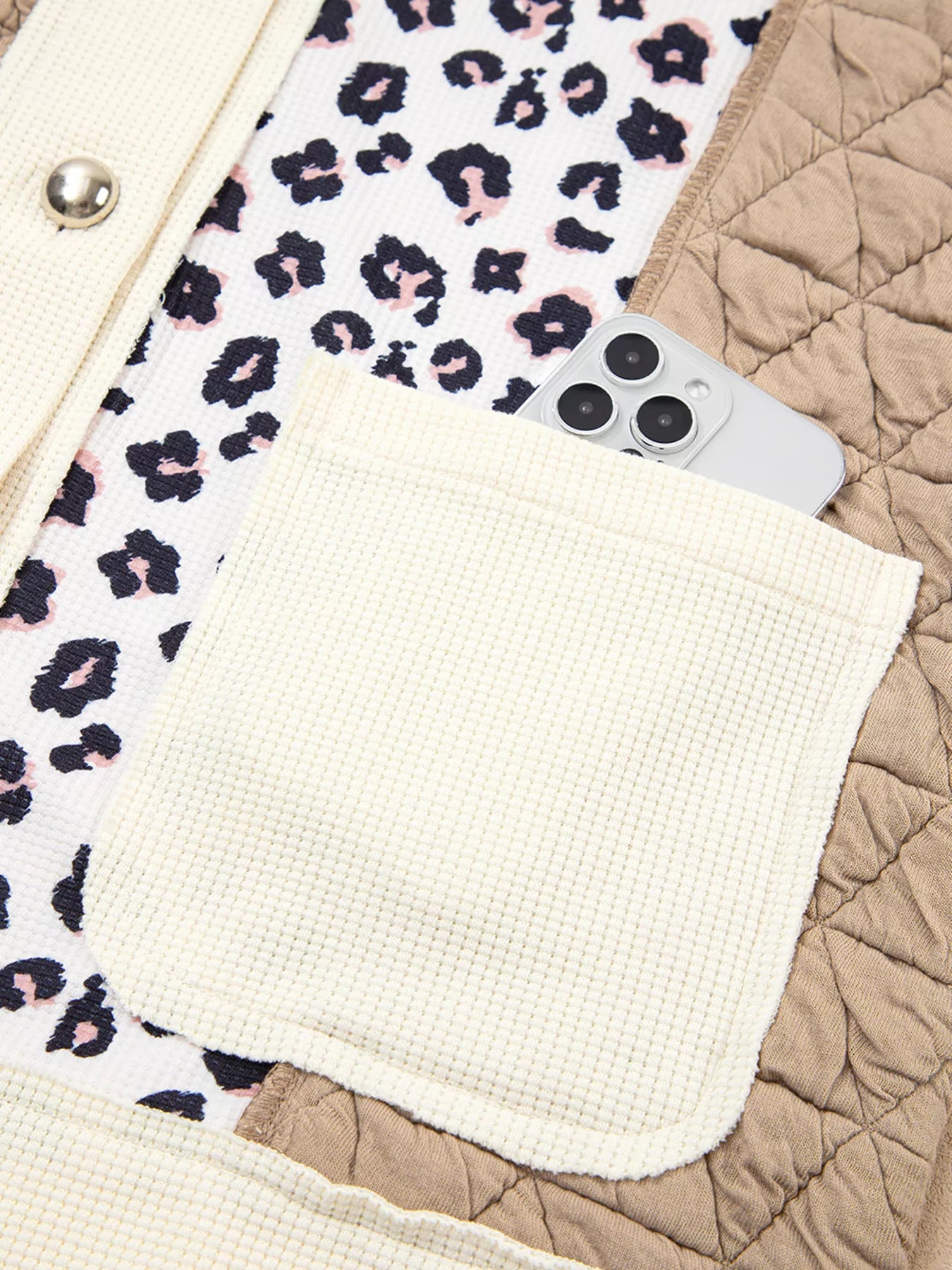 Leopard Waffle Quilted Patchwork Button Front Jacket