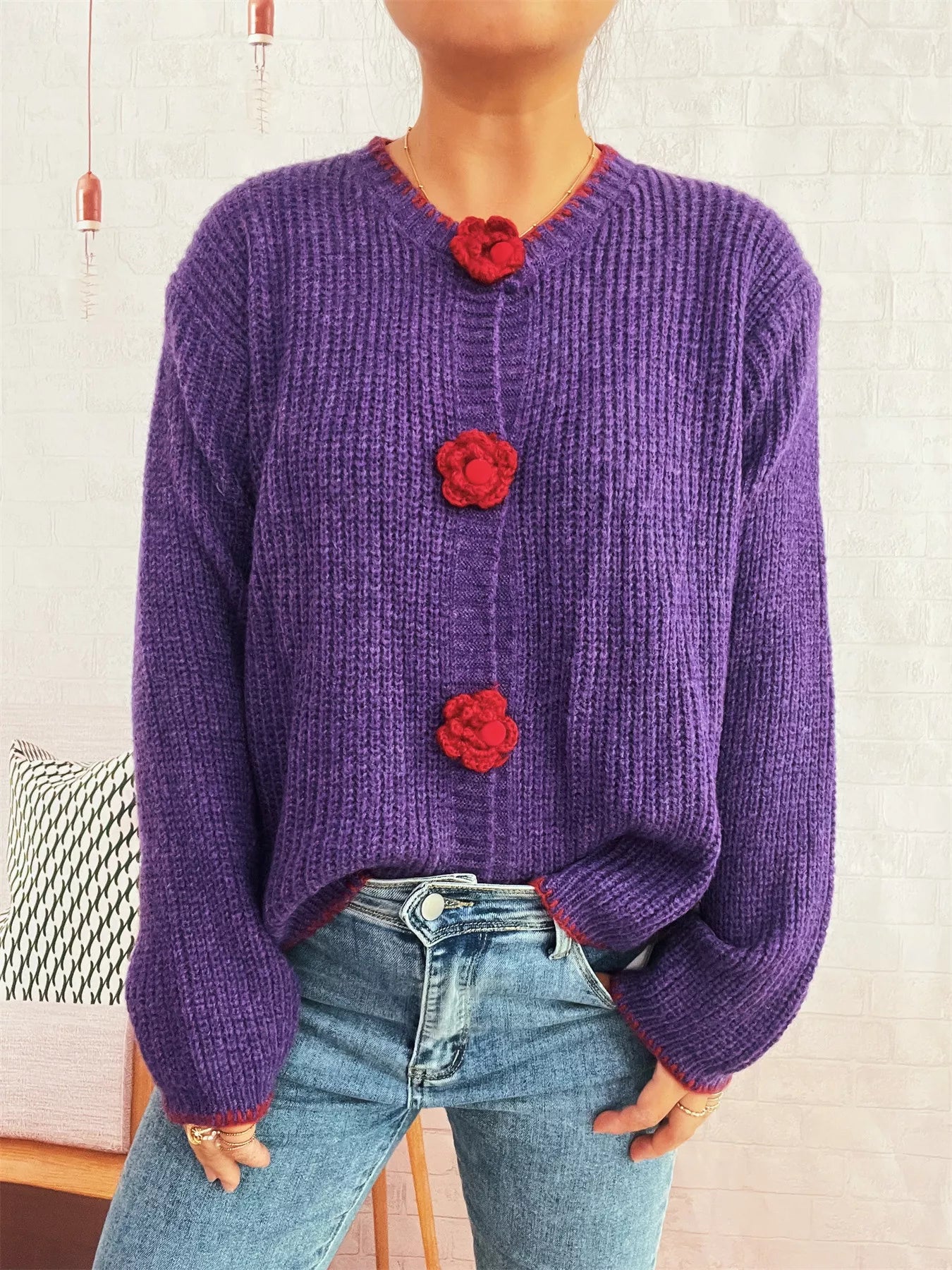 Flower Button Long Sleeve Cardigan