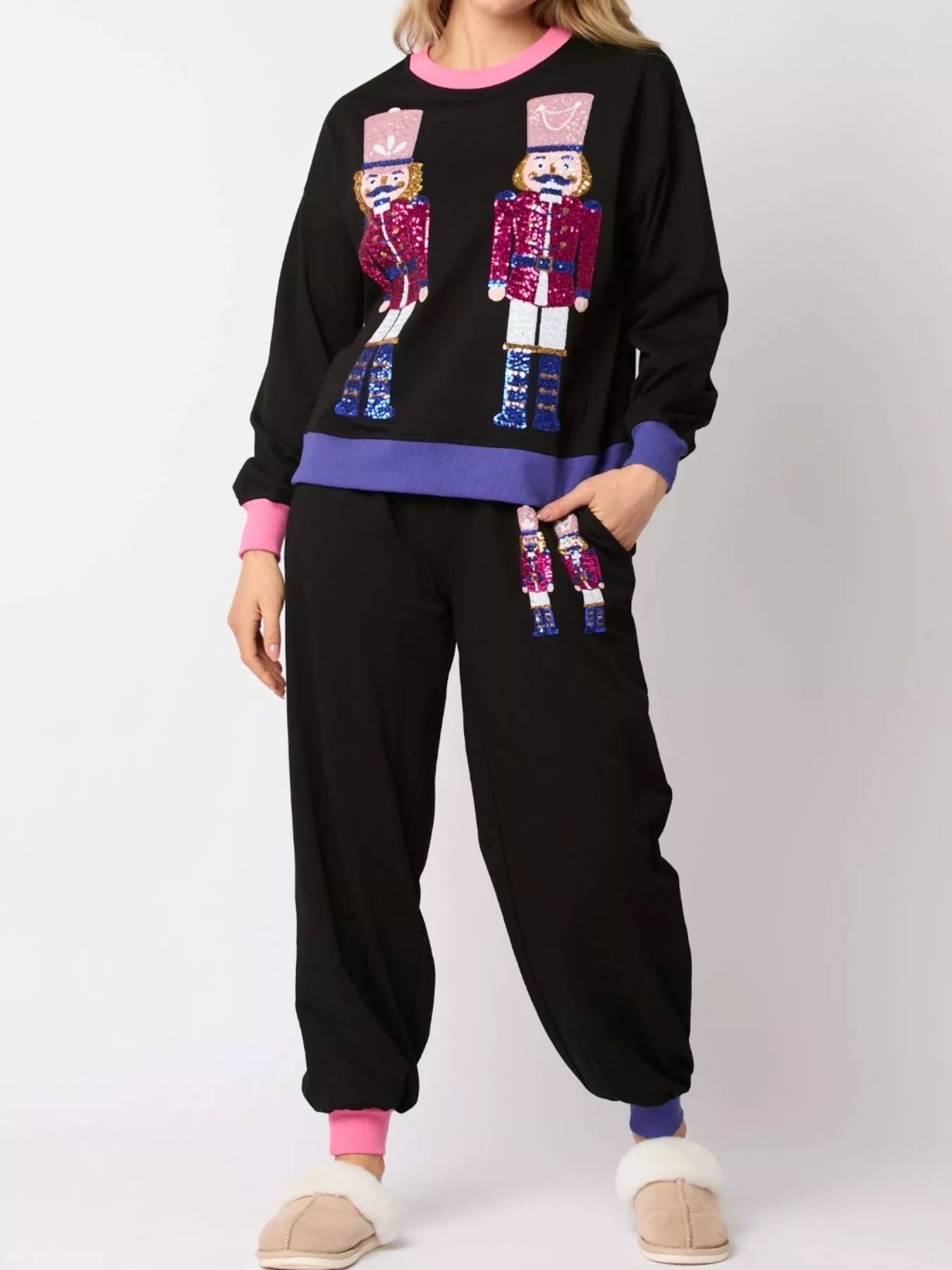 Nutcracker Contrast Trim Sweatshirt and Pants Set Black
