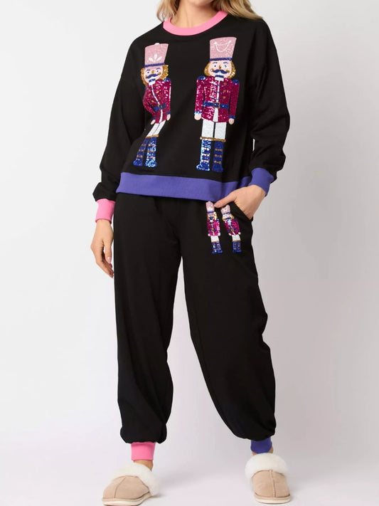 Nutcracker Contrast Trim Sweatshirt and Pants Set Black