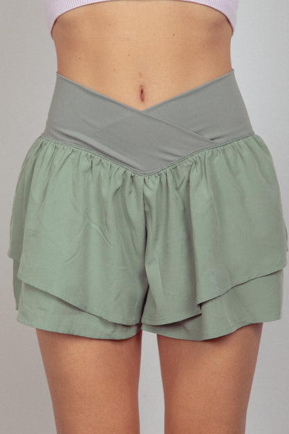 VERY J V-Shaped High Waist Layered Active Shorts Sage