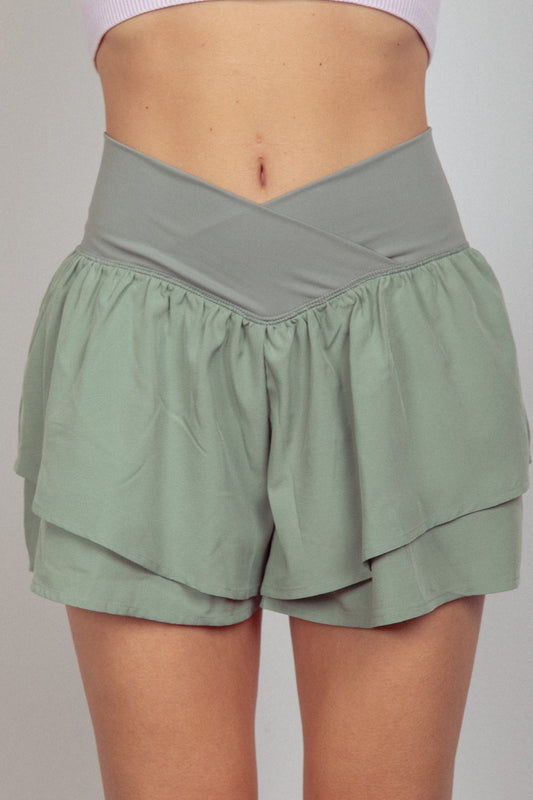 VERY J V-Shaped High Waist Layered Active Shorts Sage
