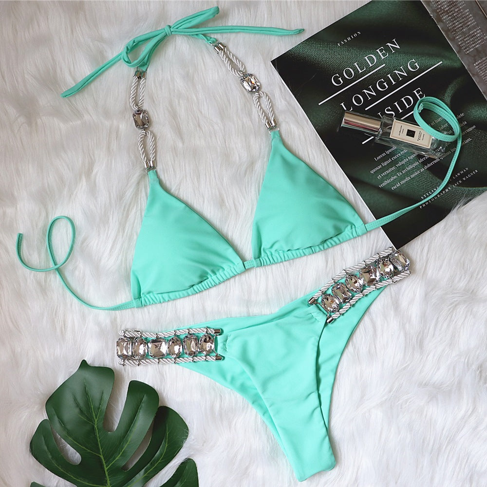 Swimsuit Sexy Crystal Diamond Women Swimwear Plain Strap Halter Bikini Green