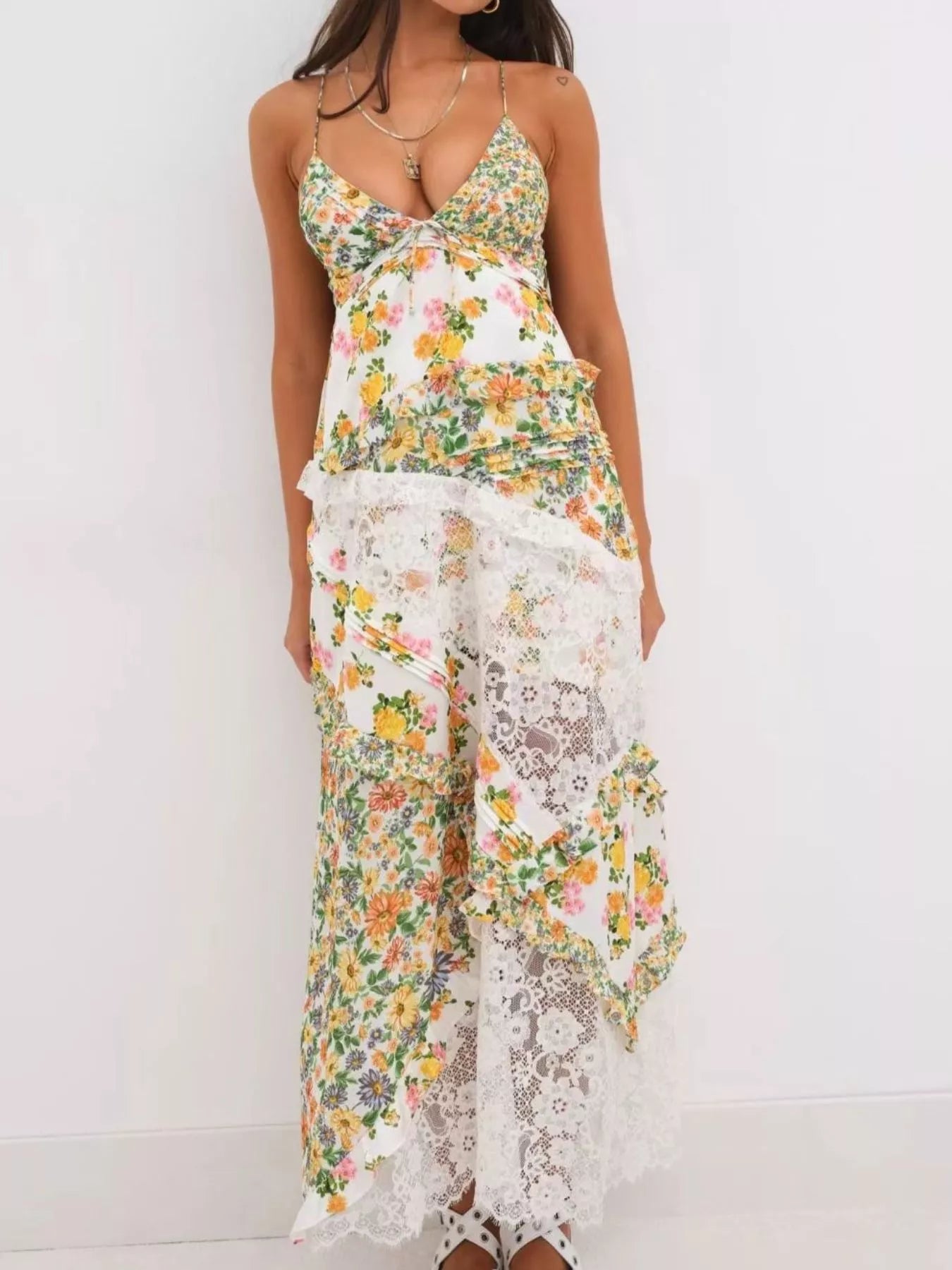 Lace Detail Ruffled Floral V-Neck Maxi Dress Yellow