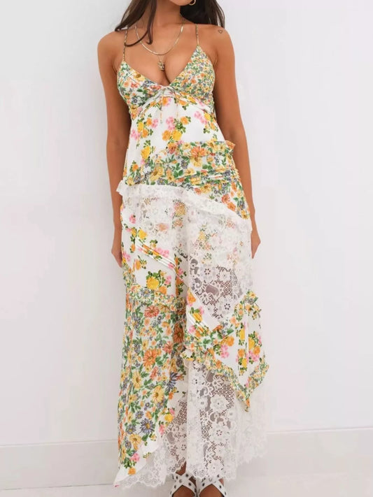 Lace Detail Ruffled Floral V-Neck Maxi Dress Yellow