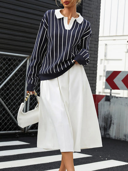 Stripe Contrast Collar Long Sleeve Knit Top