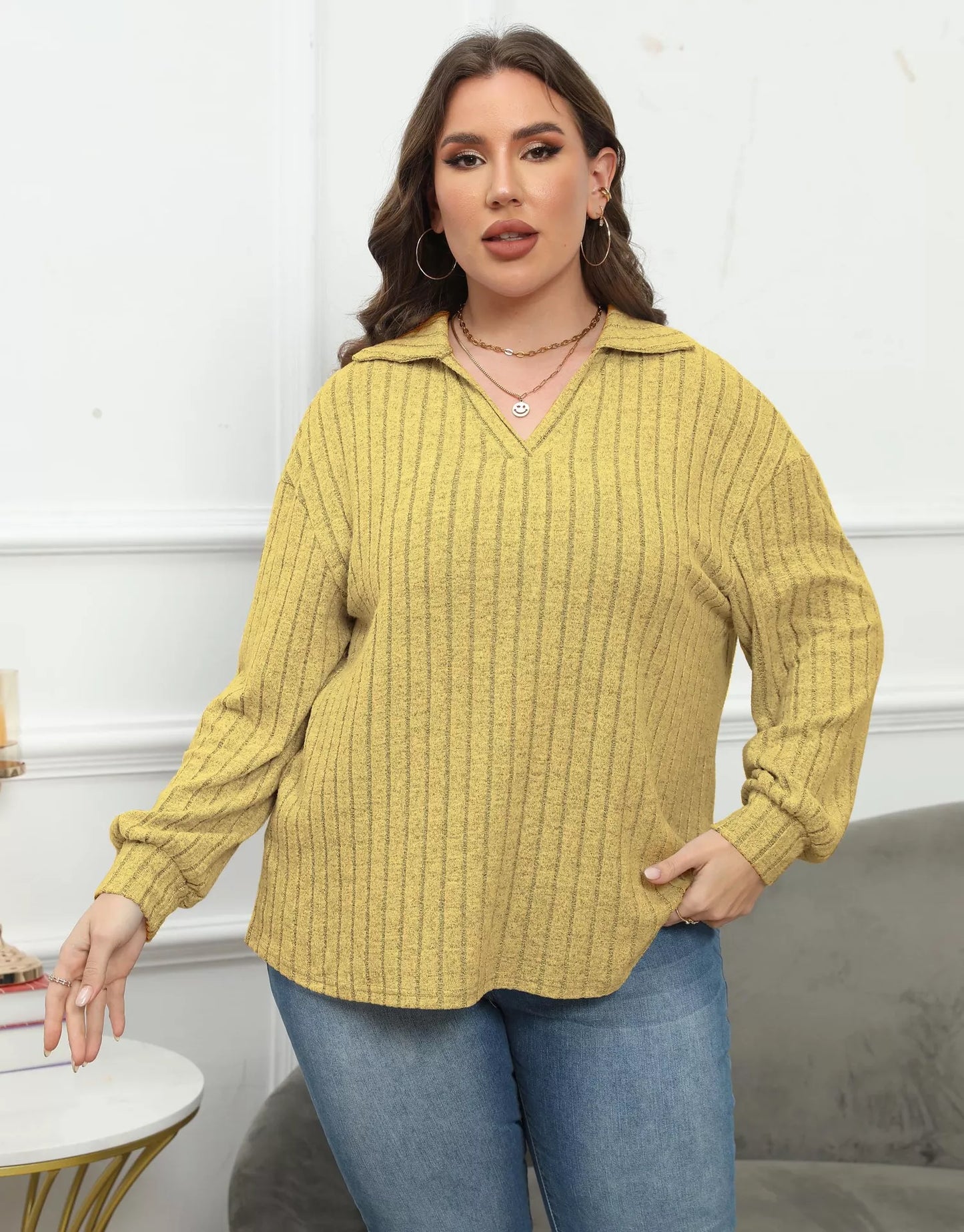 Plus Size Ribbed Knit Polo Collar T-Shirt Mustard
