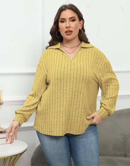 Plus Size Ribbed Knit Polo Collar T-Shirt Mustard