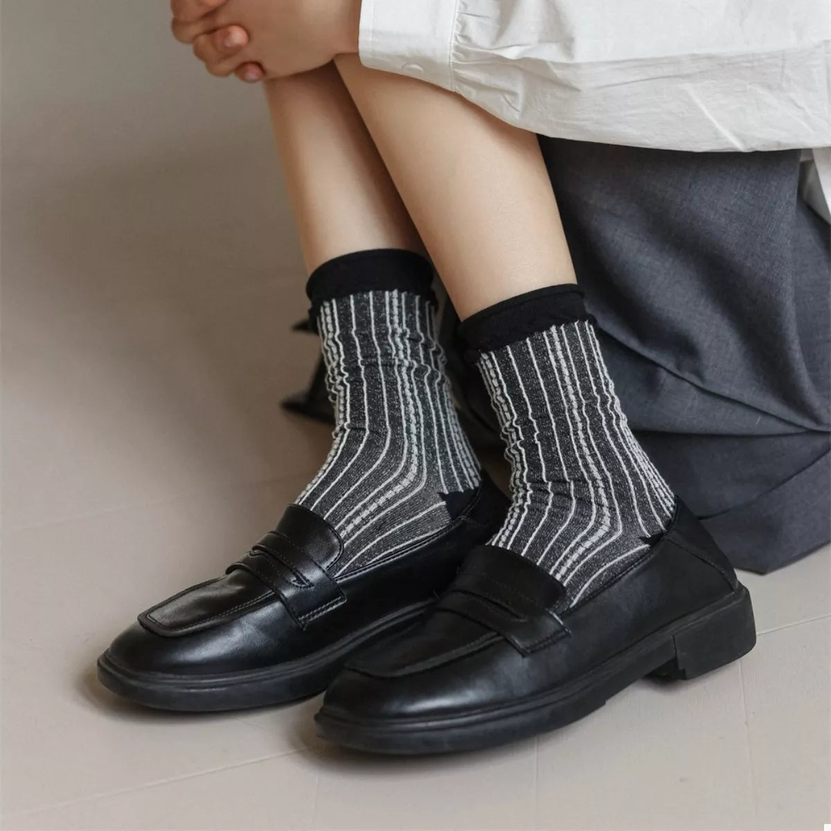 Two-Tone Cotton Knit Crew Socks