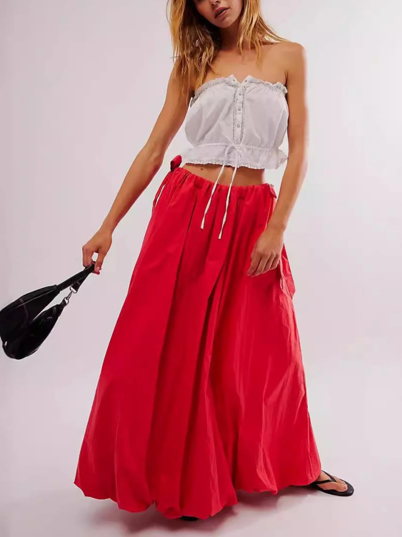 Side Bow Maxi Skirt with Pockets Deep Red