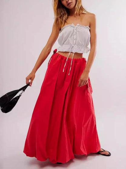 Side Bow Maxi Skirt with Pockets Deep Red