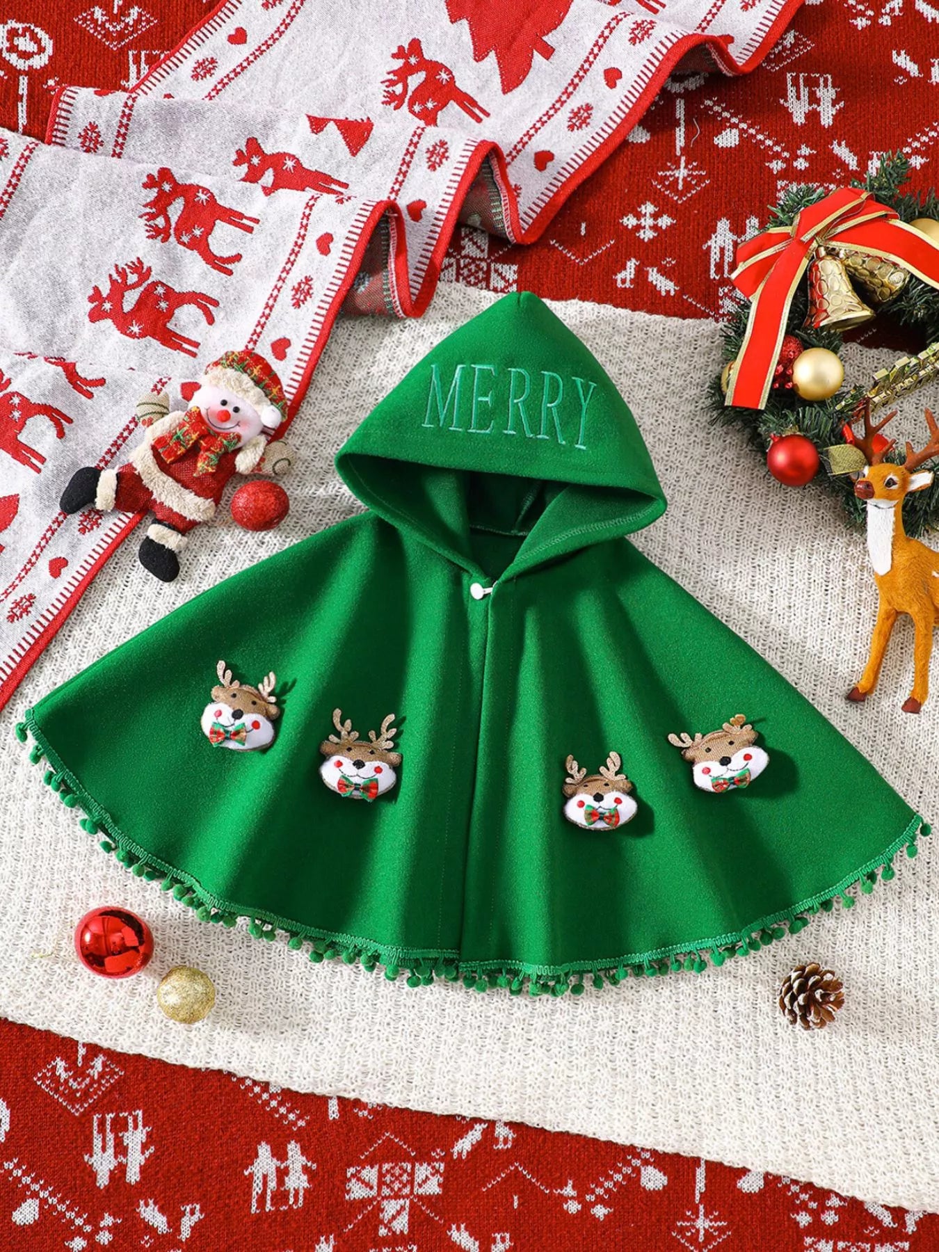 Children's Reindeer Embroidered Christmas Cape Outerwear Dark Green