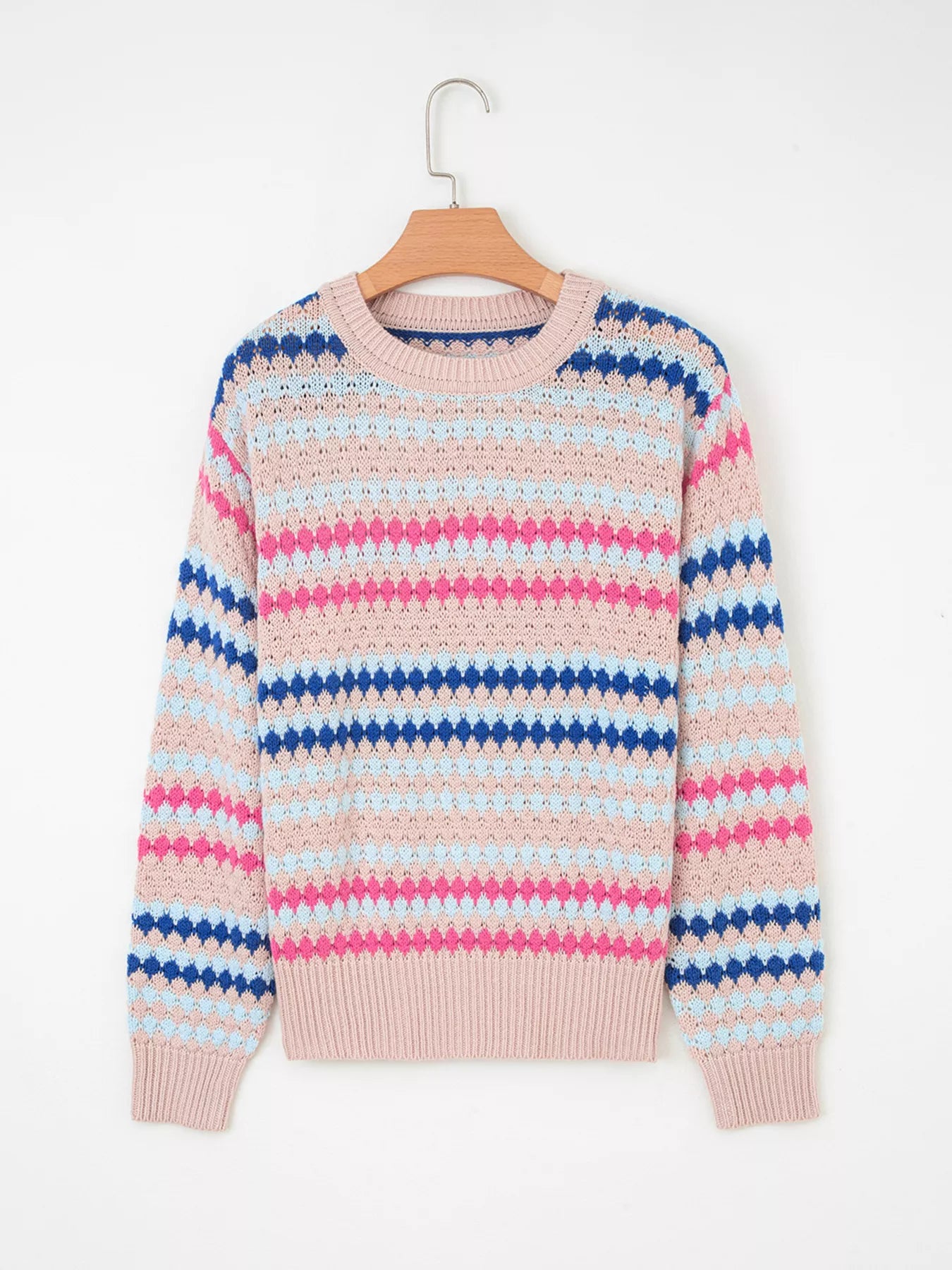 Stripe Eyelet Patterned Drop Shoulder Sweater