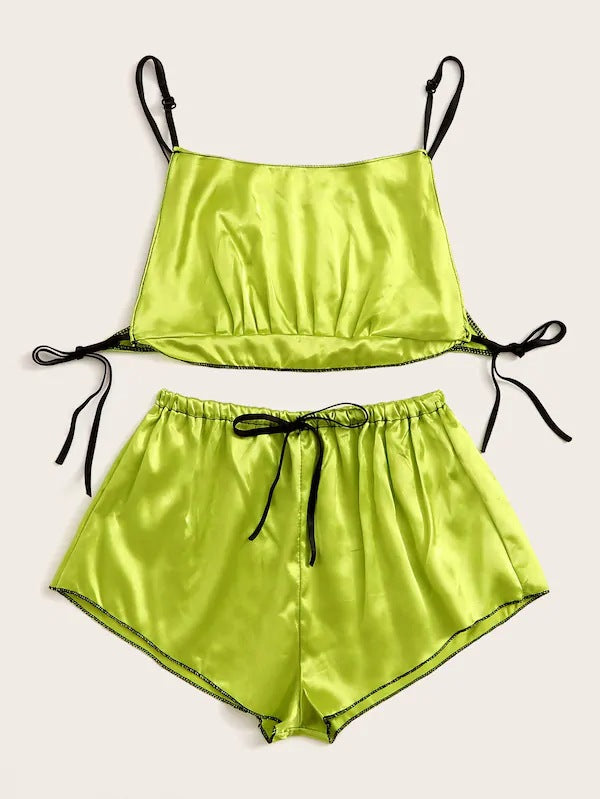 Sexy Lingerie Pink Lace off-the-Shoulder Strap Two-Piece Set fluorescent green