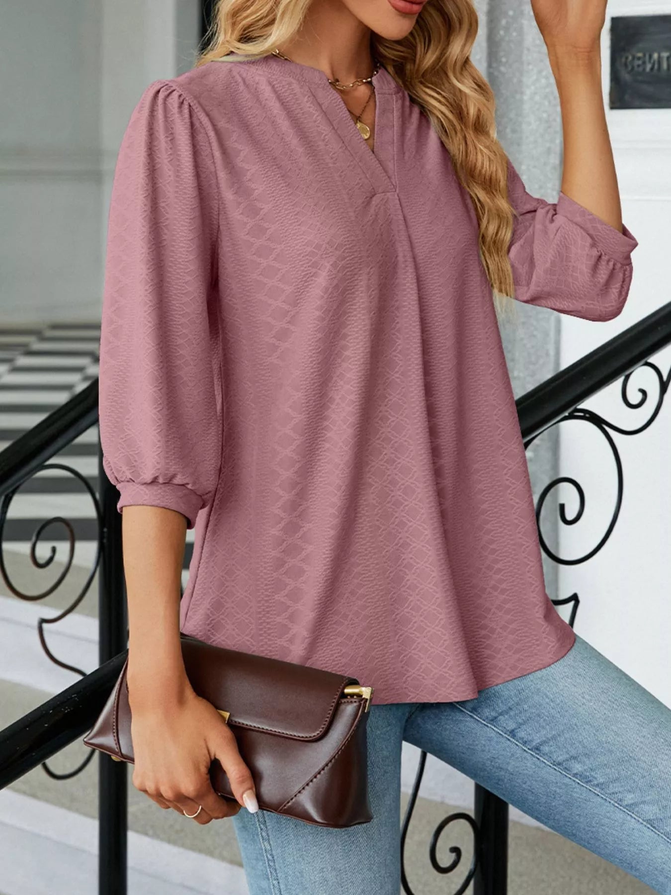 Notched 3/4 Sleeve Casual Top