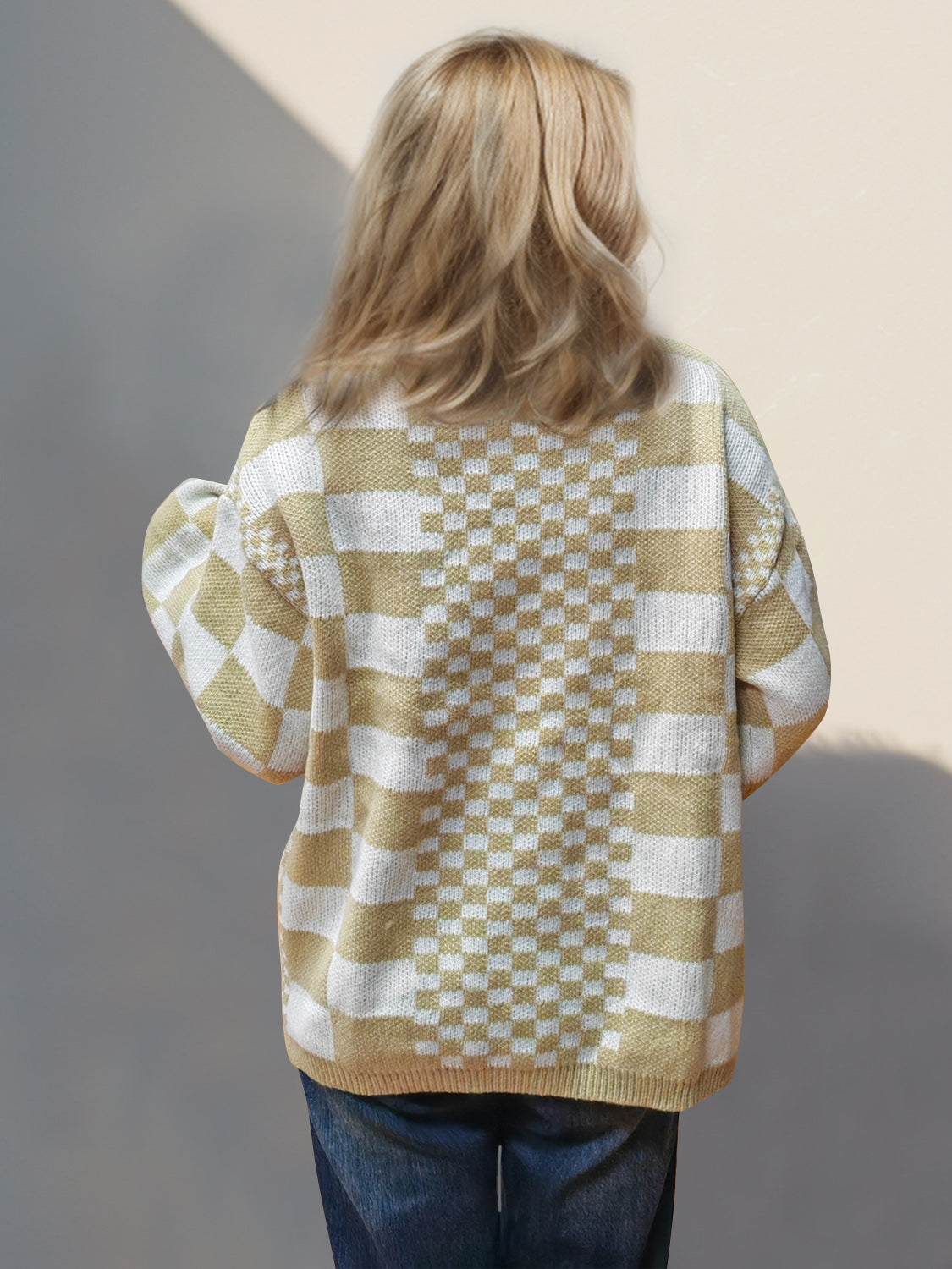 Back To School Sweater - Double Take Checkered Open Front Dropped Shoulder Cardigan