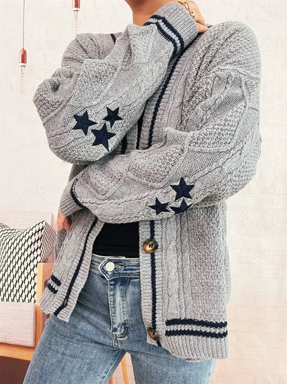 Star Pattern Button-Up Cardigan with Contrast Trim