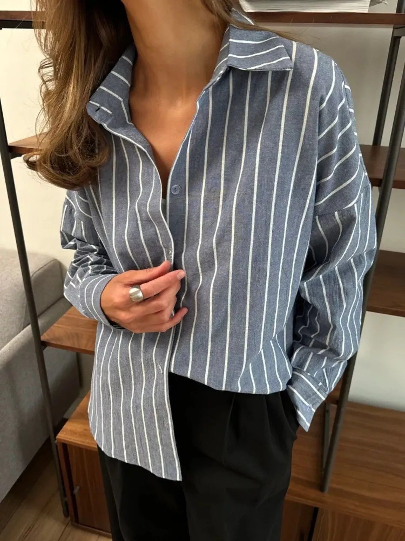 Striped Oversized Button-Down Shirt Grey