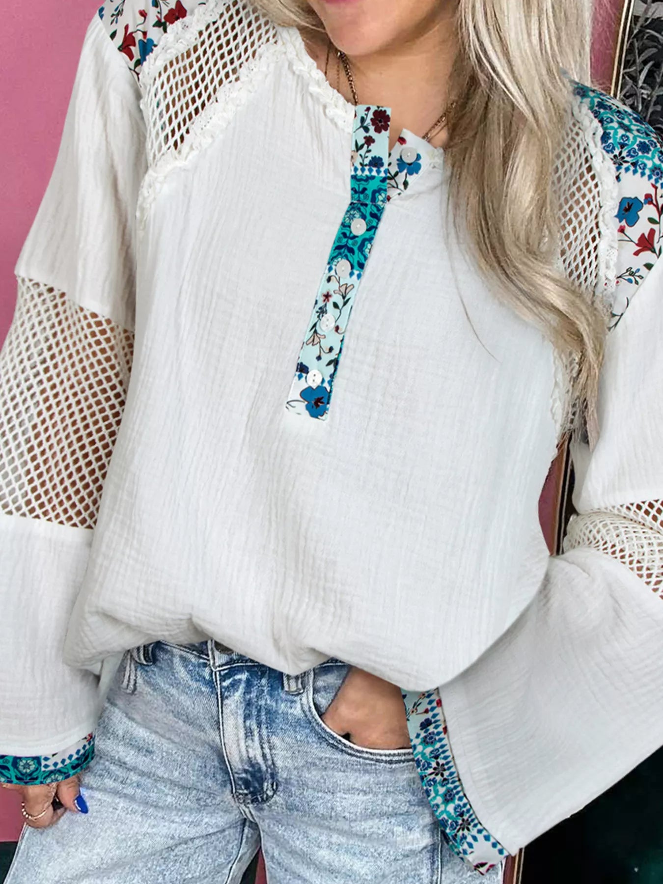 Mesh Patched Color Block Half Button Blouse White