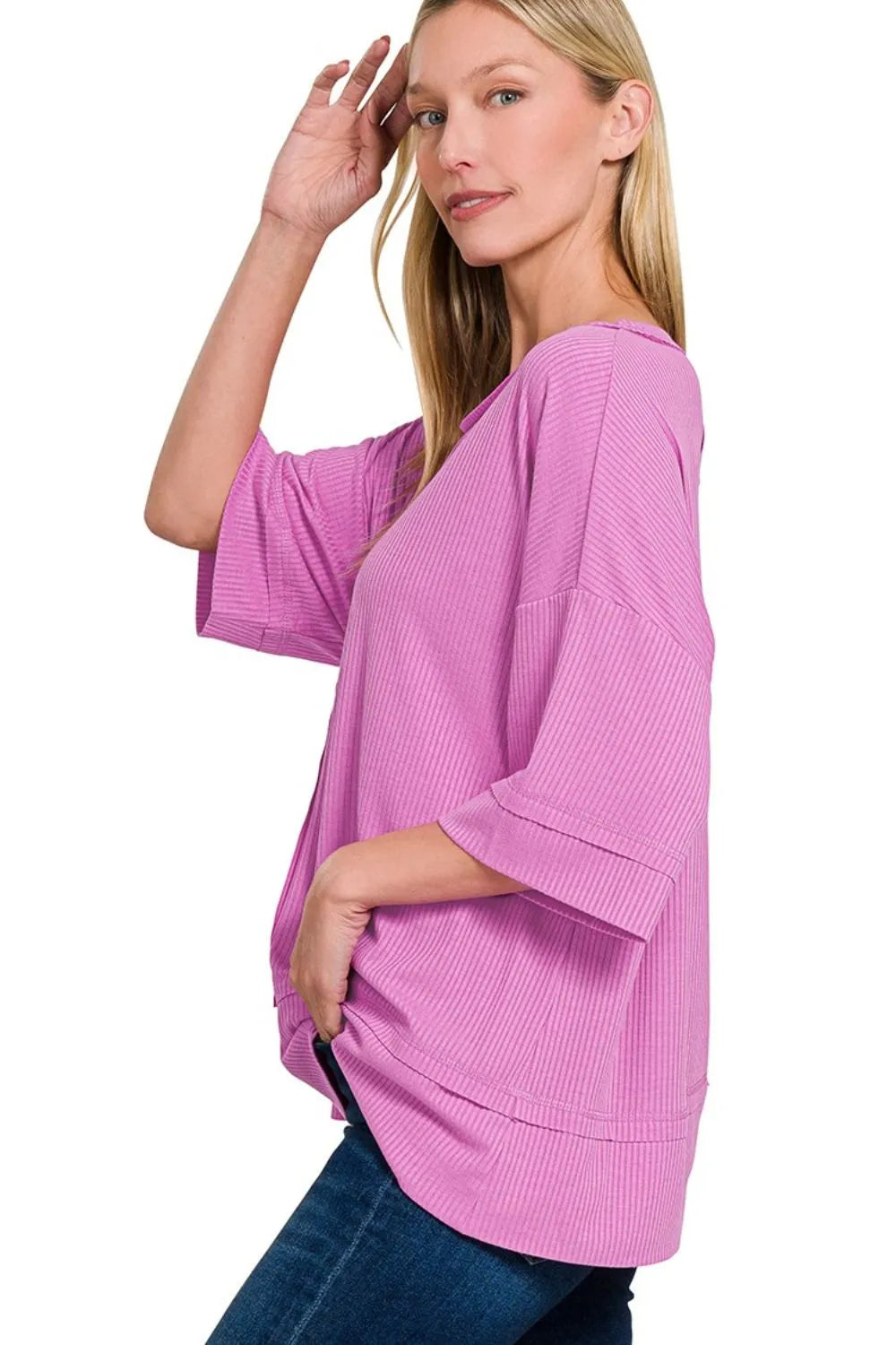 Zenana Ribbed Boat Neck 3/4 Sleeve Top