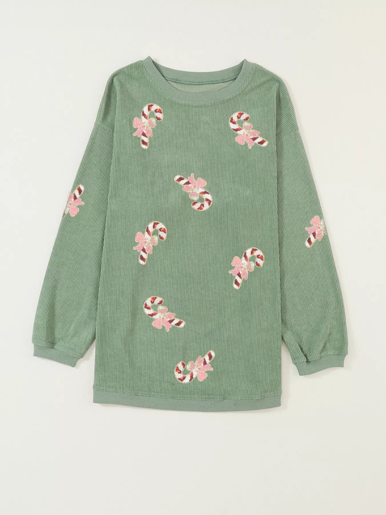 Christmas Sequin Candy Cane Patched Corded Ribbed Baggy Sweatshirt