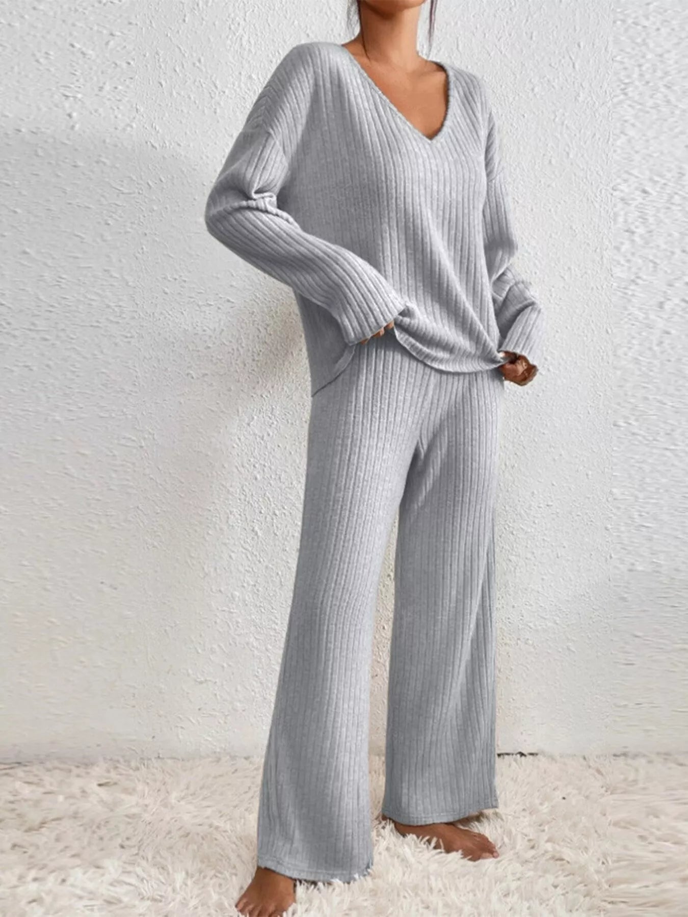 Ribbed V-Neck Top and Pants Set