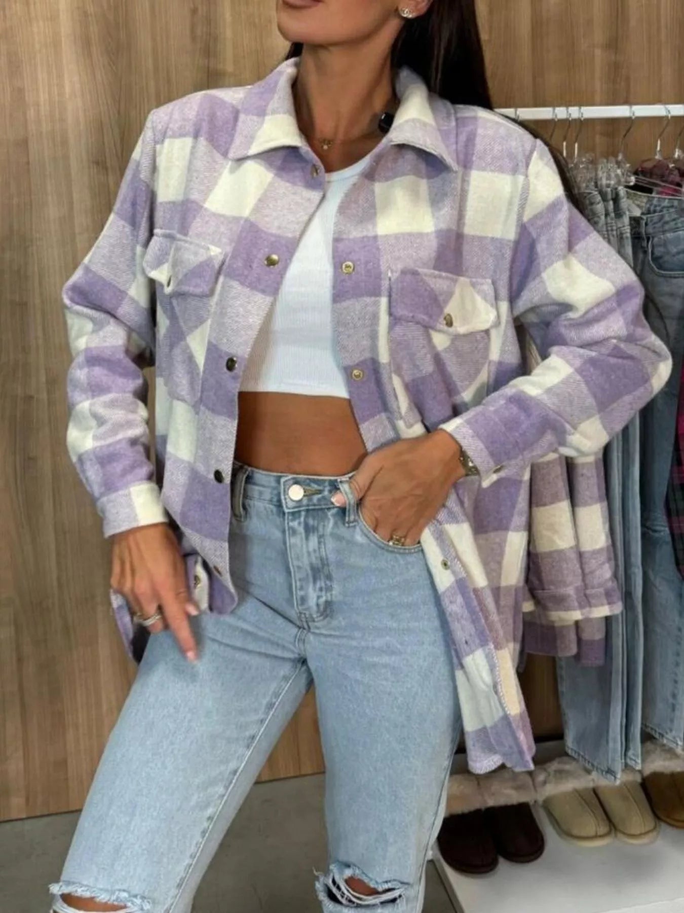 Plaid Button-Down Long Sleeve Shacket Purple