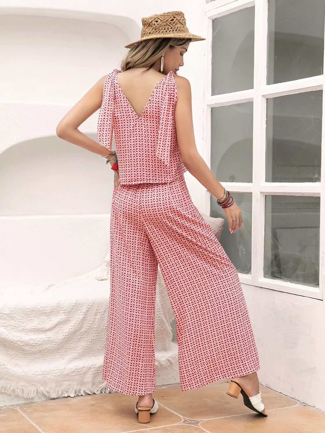 Gingham Tie Shoulder Top and Pants Set