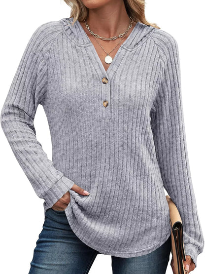 Full Size Ribbed Knit Button Detail Hooded Top Plus Size Gray