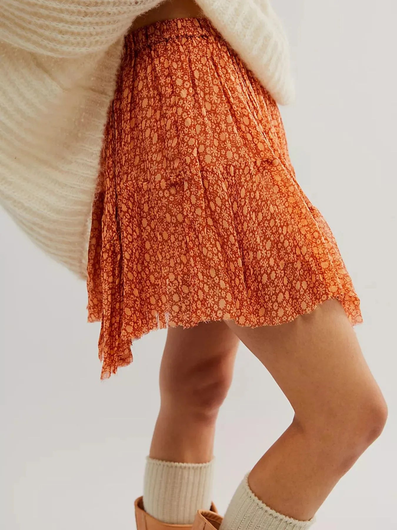 Floral Print Mini Skirt Orange