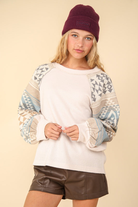 VERY J Printed Long Sleeve Round Neck Knit Top Cream