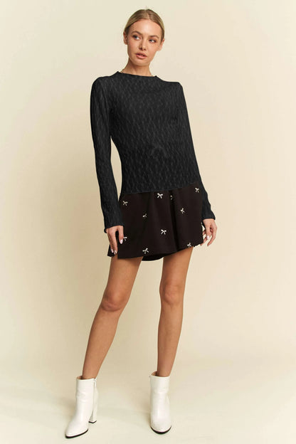 Davi & Dani Long Sleeve Sheer Small Embroidered Bows Lace Top