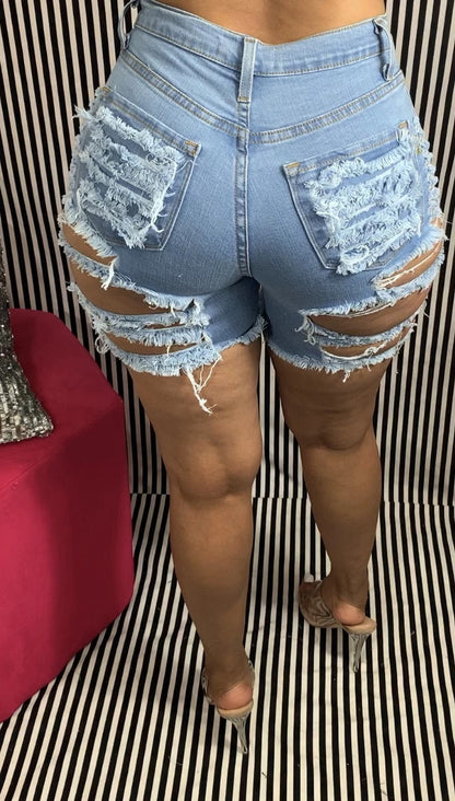 Popular Ripped Stretch Ripped Denim Shorts Cropped Pants light blue