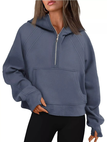 Half Zip Raglan Sleeve Hoodie Blue