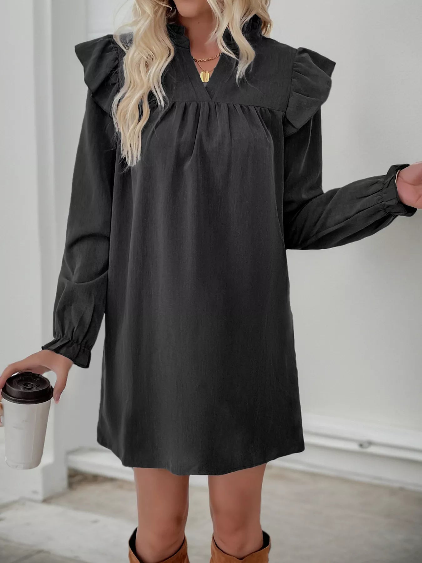 Ruffled Notched Long Sleeve Dress