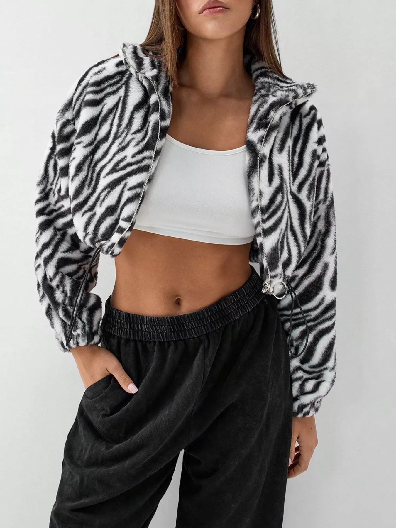 Zebra Print Plush Cropped Jacket