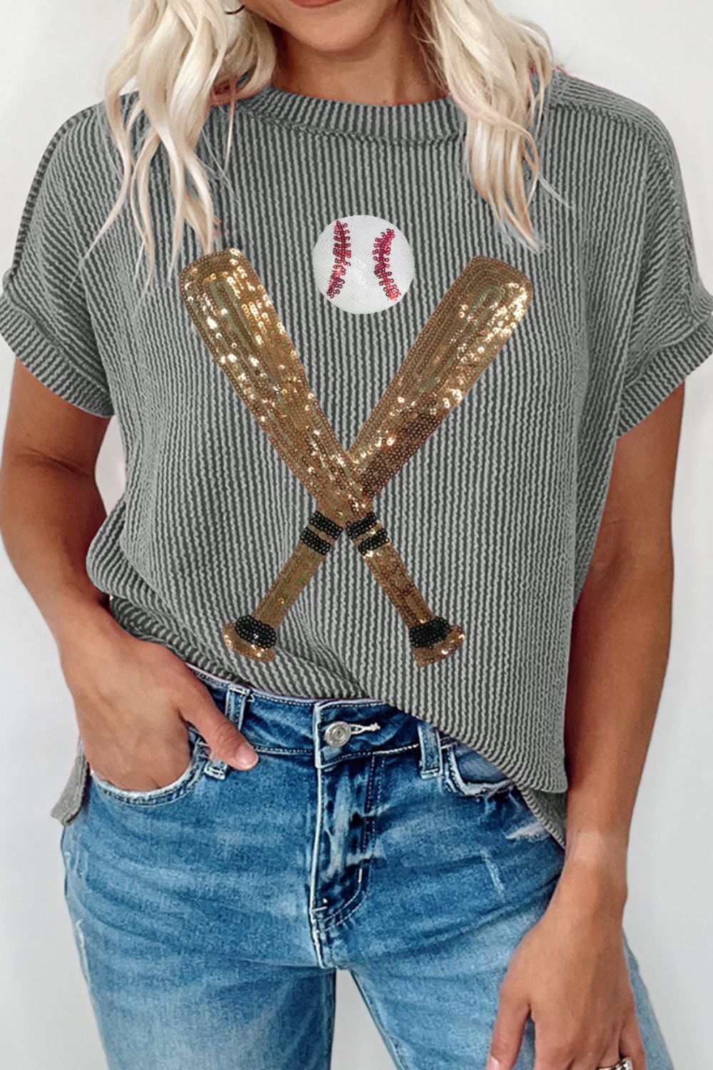 Sequin Baseball Shirt - Sequin Baseball Round Neck Short Sleeve T-Shirt Dark Gray