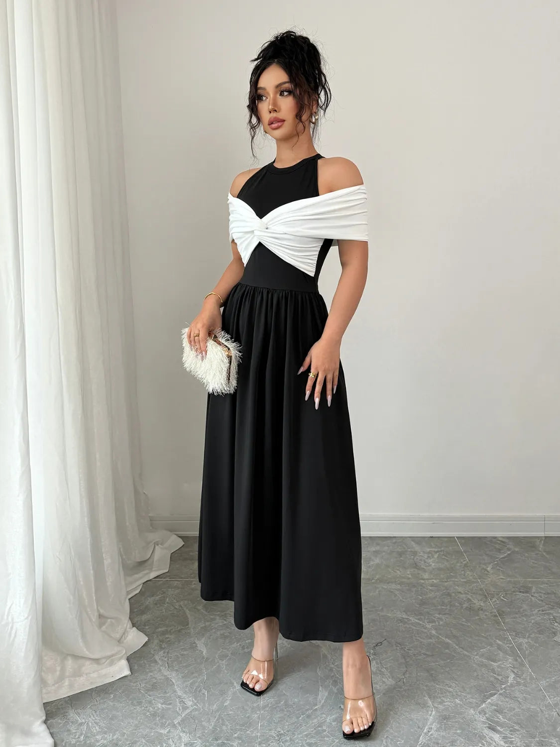 Twisted Contrast Cold Shoulder Midi Dress