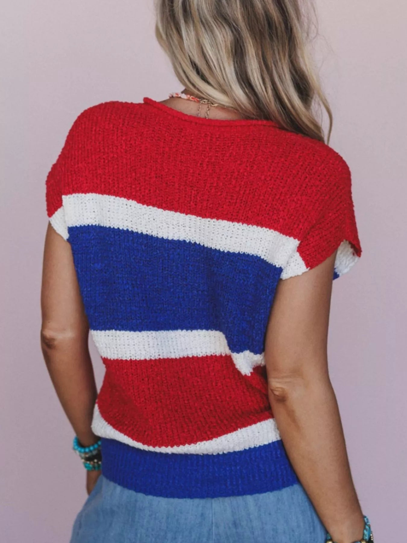 Striped Notched Short Sleeve Sweater