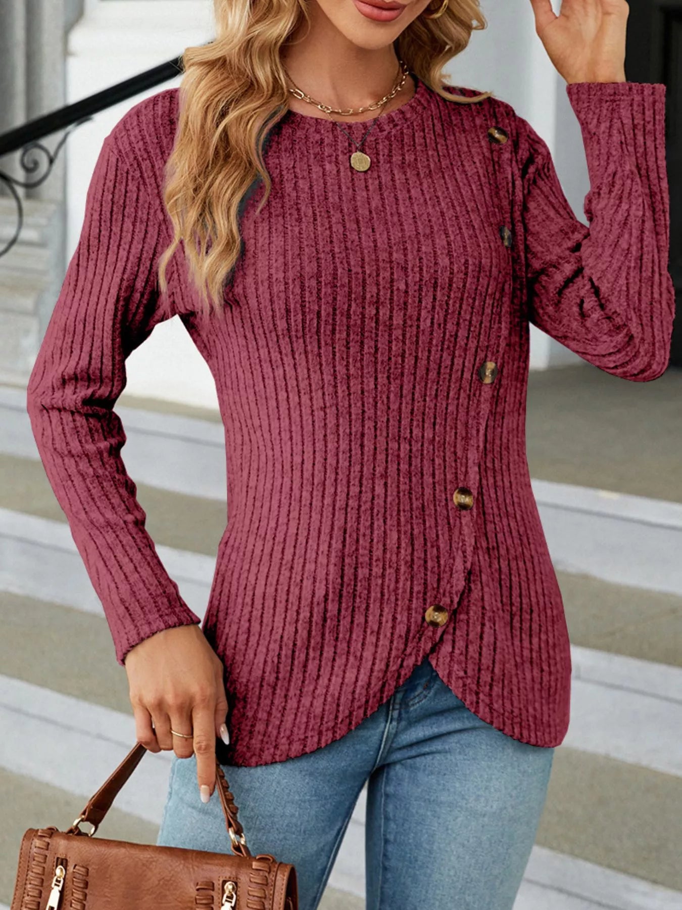 Ribbed Knit Decor Button T-Shirt