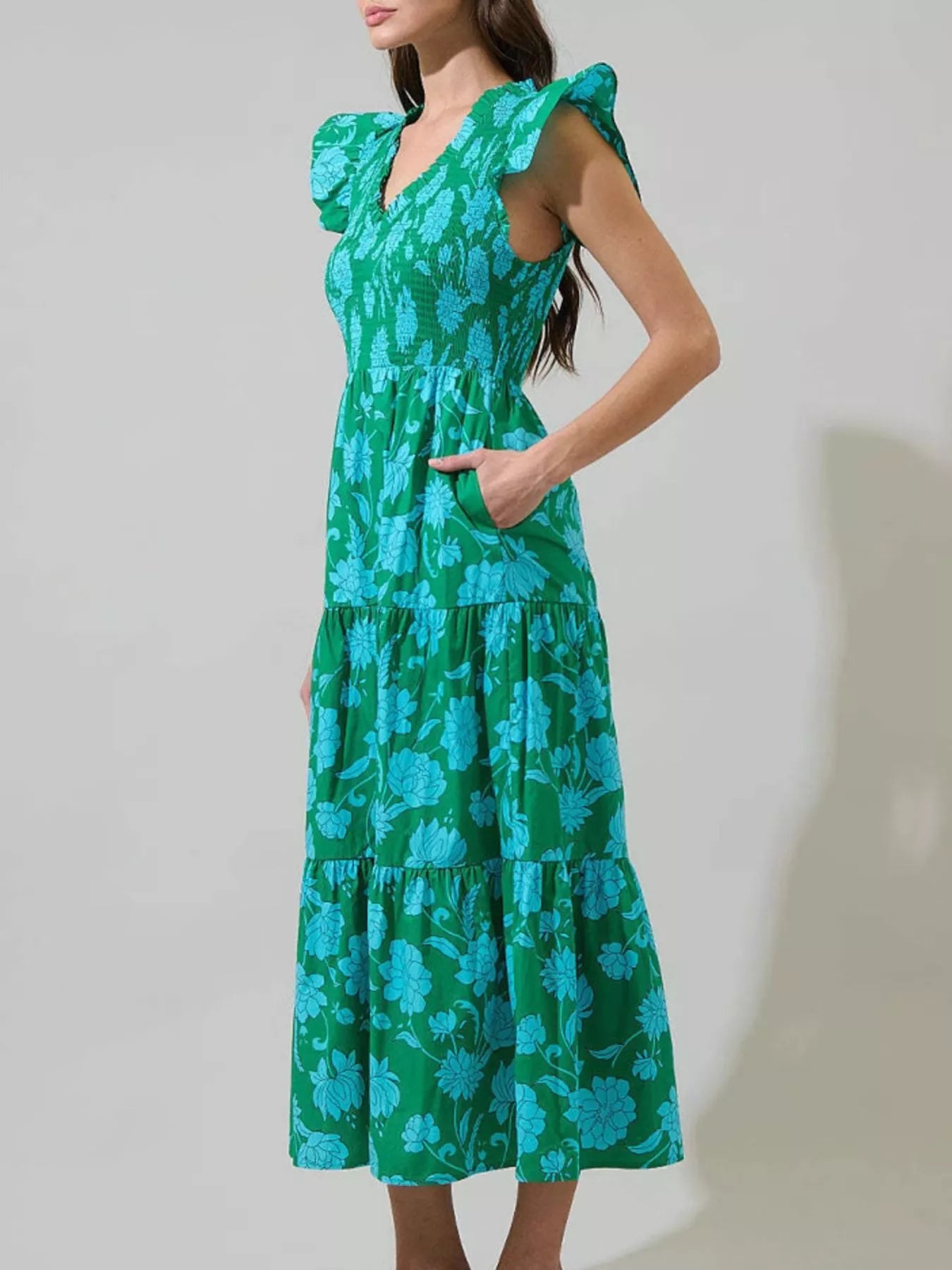 Ruffled V-Neck Tiered Midi Dress