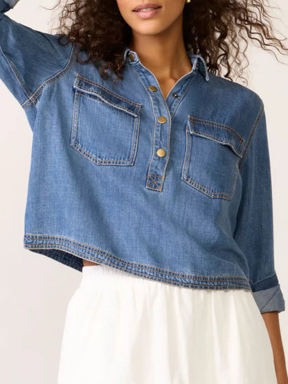 Half Snap Cropped Denim Top