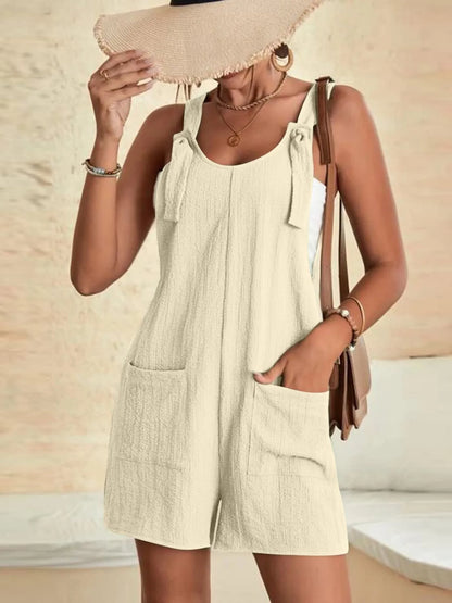 Full Size Knot Strap Romper with Pockets Plus Size Apricot