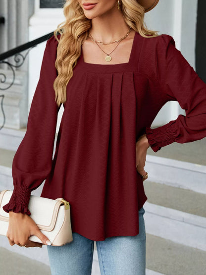Pleated Square Neck Long Sleeve Top Burgundy