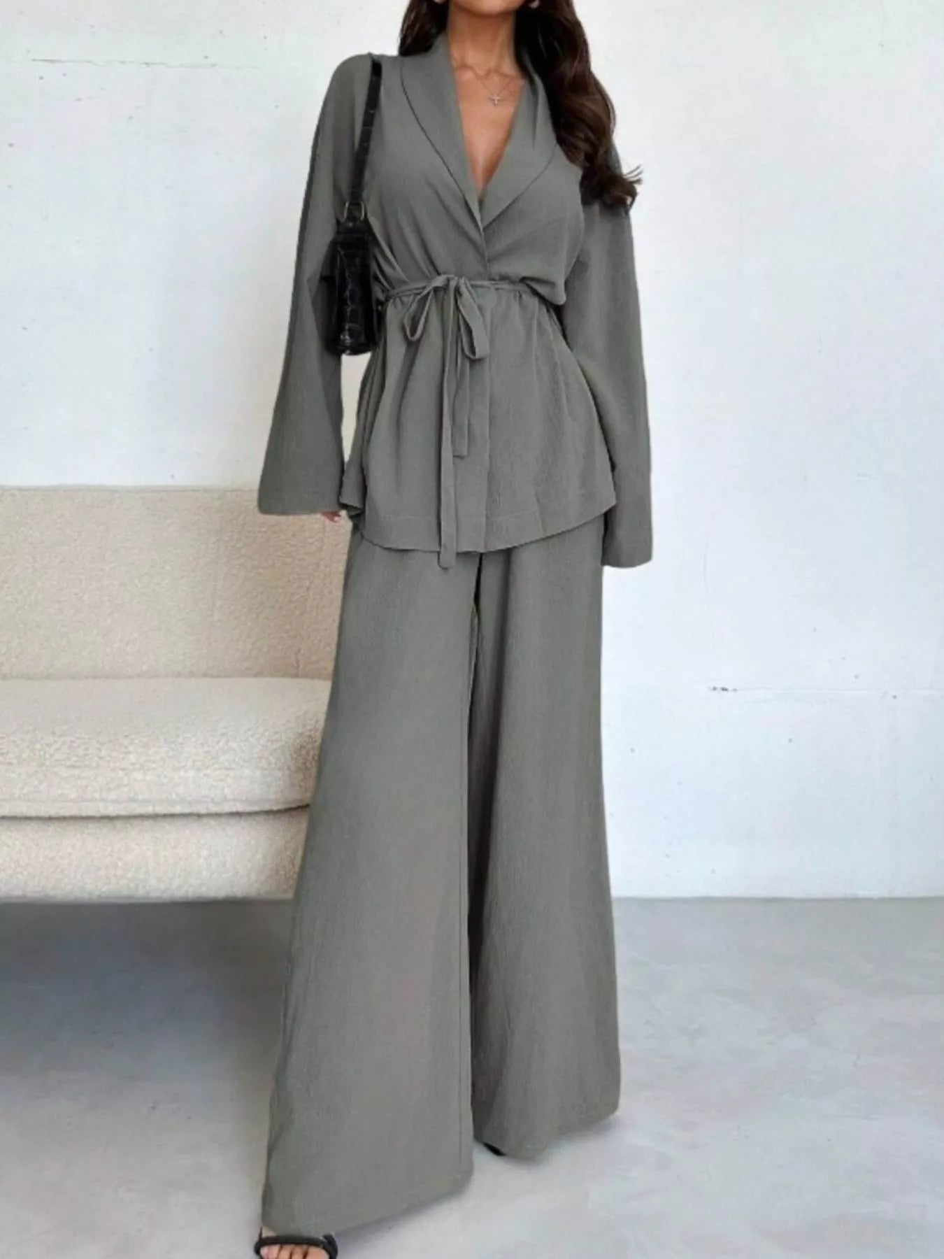 Front Tied Shirt and Wide-Leg Pants Set Gray