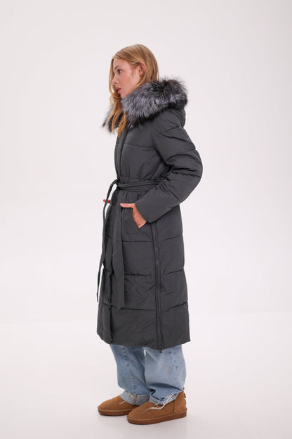 Genuine Silver Fox Belted Winter Insulated Coat