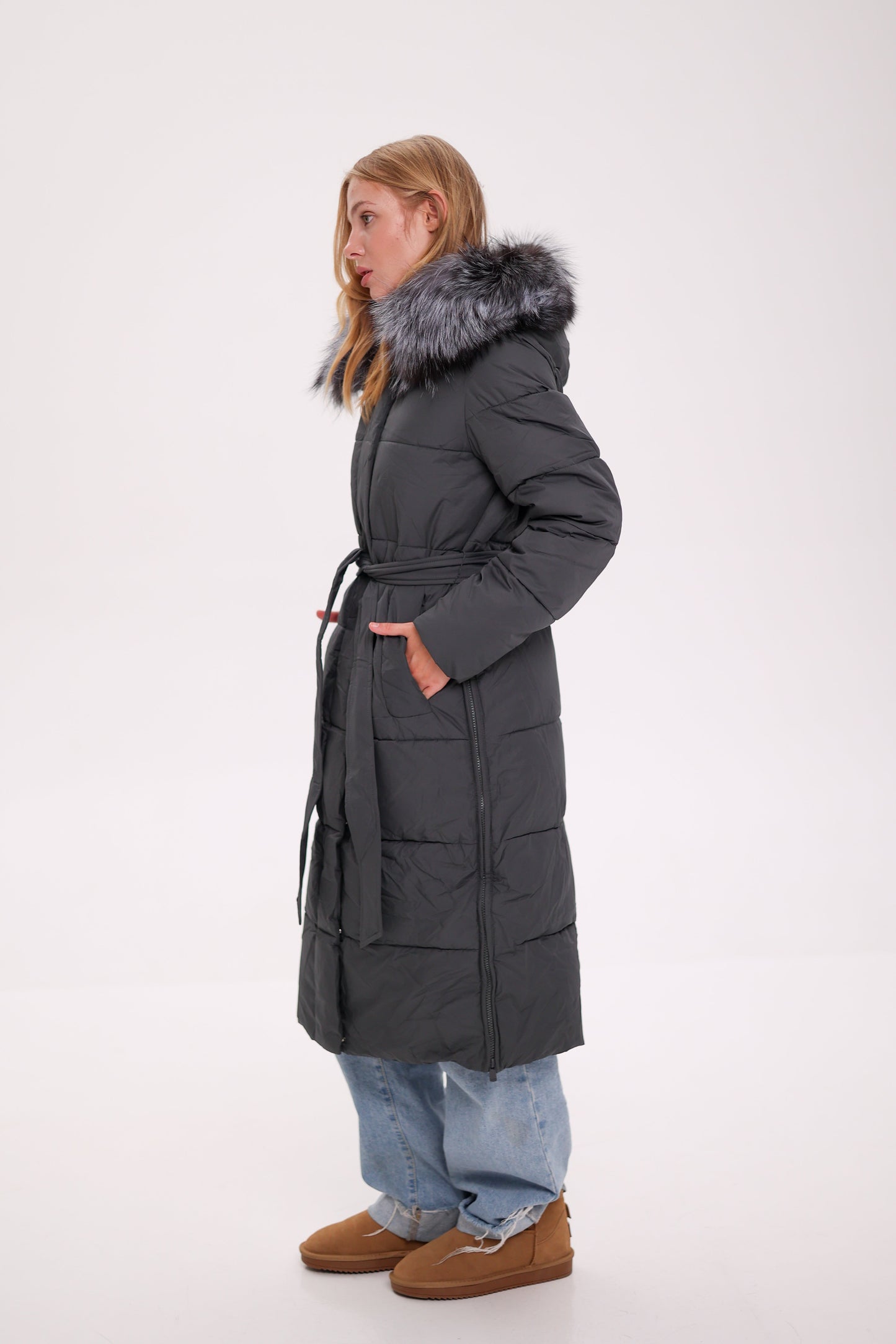 Genuine Silver Fox Belted Winter Insulated Coat