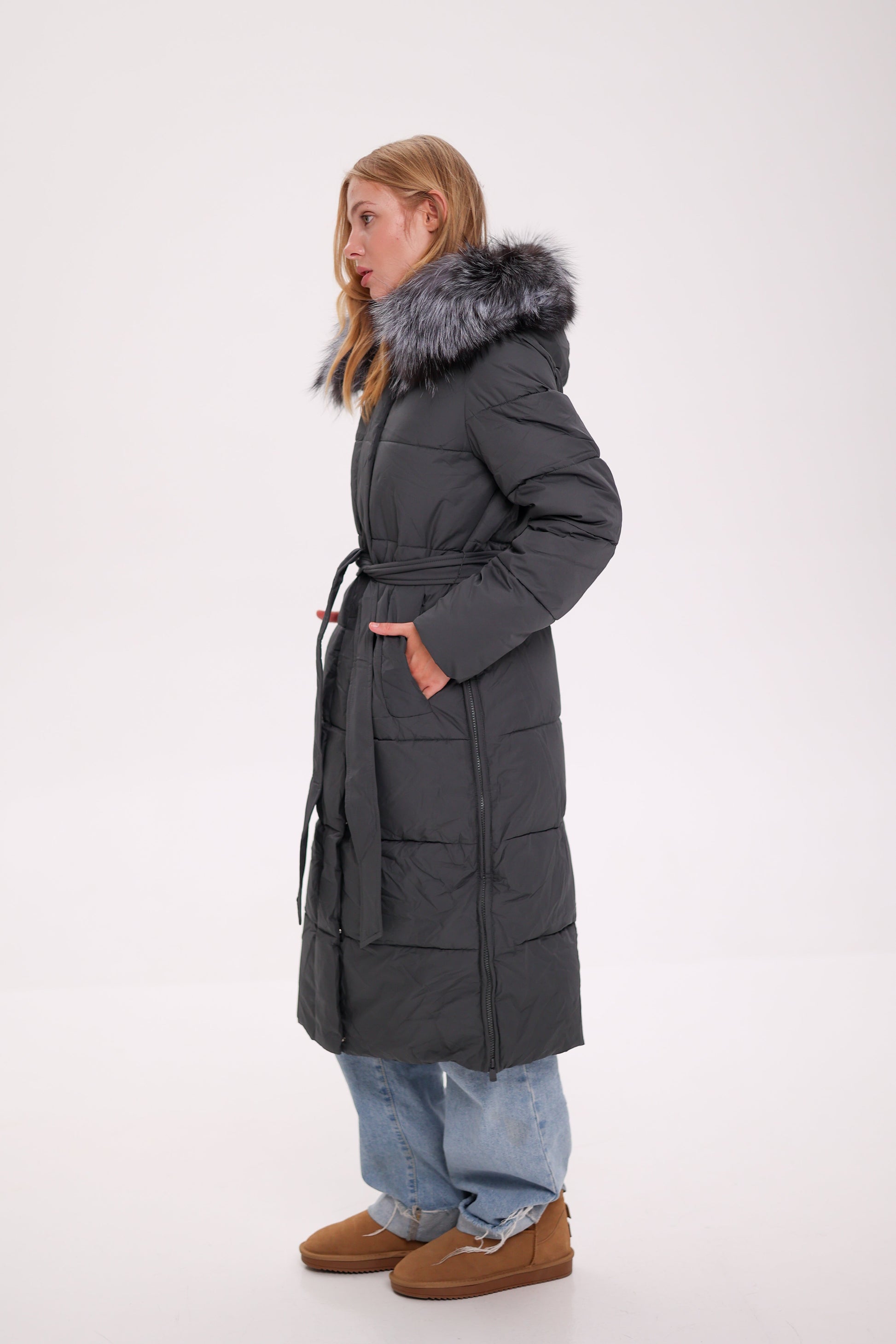Genuine Silver Fox Belted Winter Insulated Coat